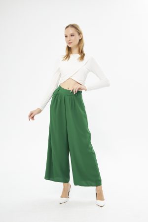 Yeşil Renk Bol Paça Pileli Pantolon 189